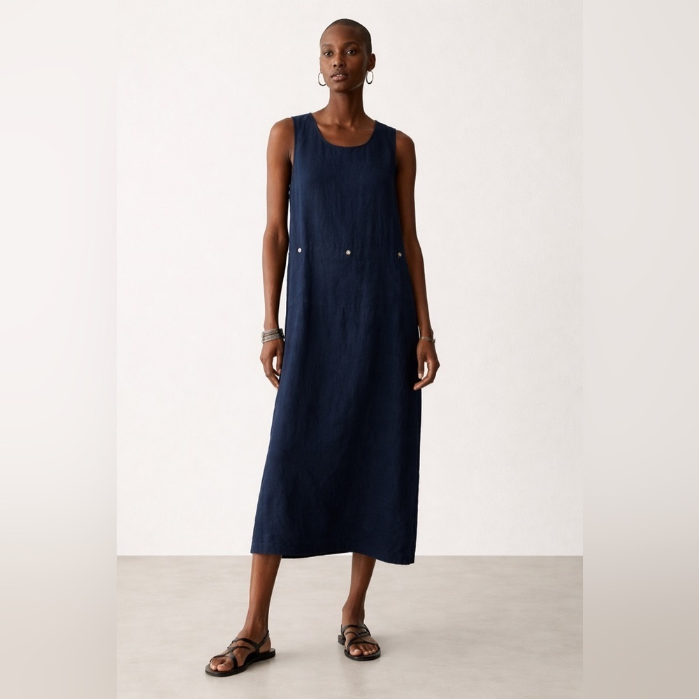Talbots navy blue linen blend Lagenlook sleeveless midi dress. Size 12